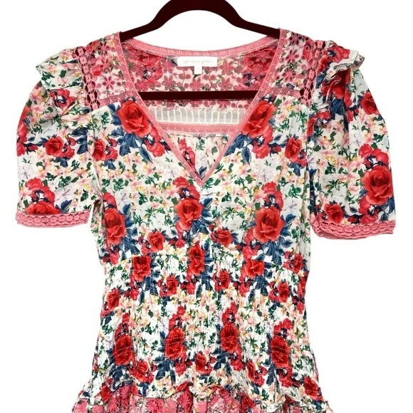 LoveShackFancy Rena Rose Floral Ruffle Mini Dress in Rush of Red Women’s Medium - Picture 8 of 16